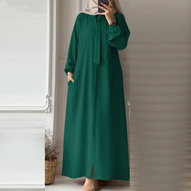 In-Stock Women's Fashion Bow Tie Lapel Solid Color Long-Sleeve Shirt Sun Dress with Pockets Loose Cardigan Long Dress — feature 7