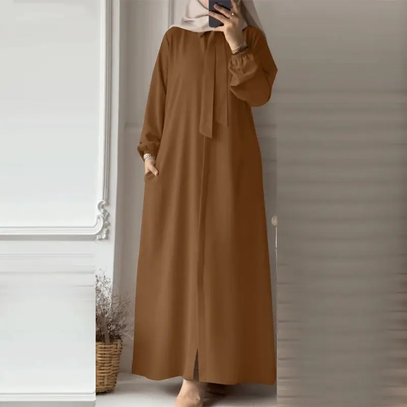 In-Stock Women's Fashion Bow Tie Lapel Solid Color Long-Sleeve Shirt Sun Dress with Pockets Loose Cardigan Long Dress — feature 8