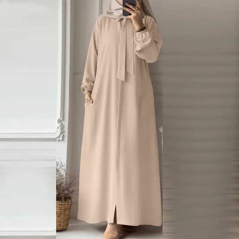 In-Stock Women's Fashion Bow Tie Lapel Solid Color Long-Sleeve Shirt Sun Dress with Pockets Loose Cardigan Long Dress
