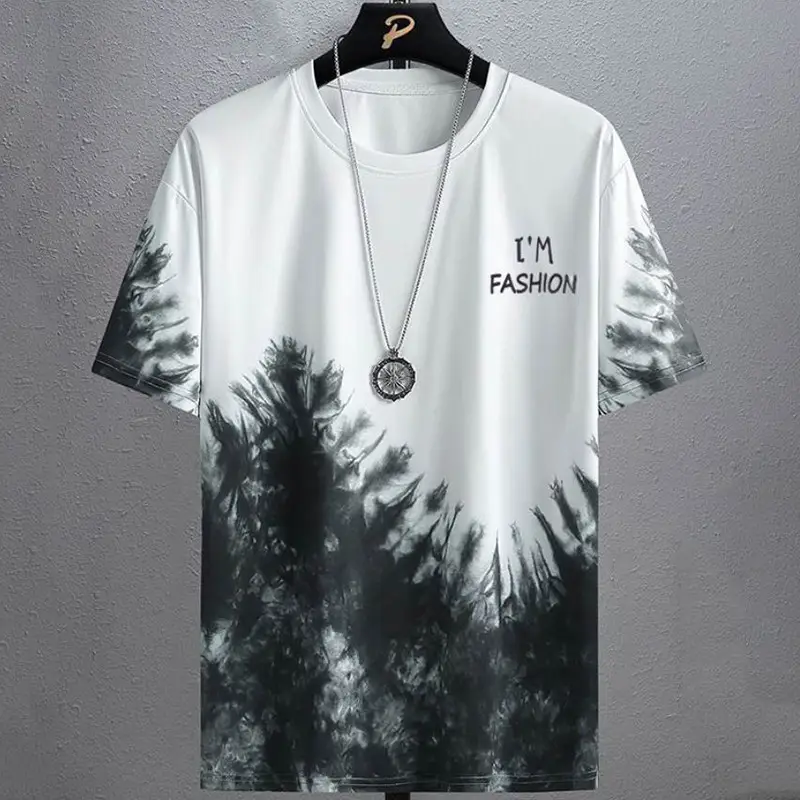Men Ice Silk Tie-Dye T-Shirt Short Sleeve Loose Fit