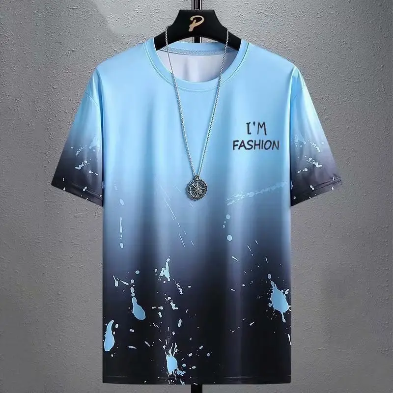 Men Ice Silk Tie-Dye T-Shirt Short Sleeve Loose Fit