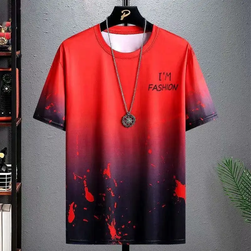 Men Ice Silk Tie-Dye T-Shirt Short Sleeve Loose Fit