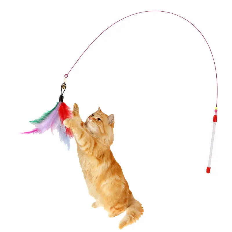 Cat Toy funny cat stick long steel wire not easy to fold cat feather funny cat stick with Bell training cat self-Hi pet toy