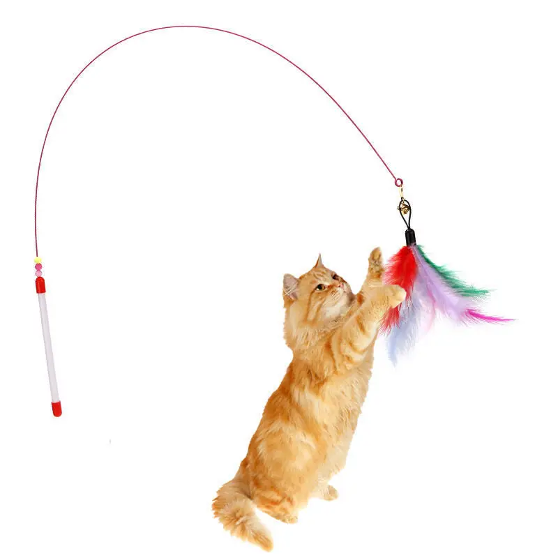 Cat Toy funny cat stick long steel wire not easy to fold cat feather funny cat stick with Bell training cat self-Hi pet toy