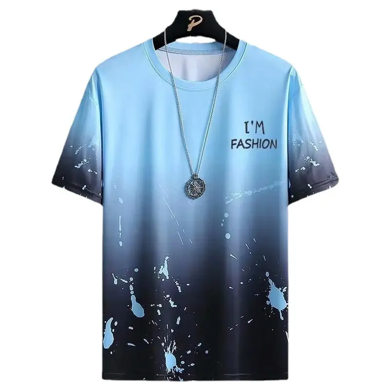 Men's Blue Gradient Ice Silk T-Shirt Summer Casual - Image 10