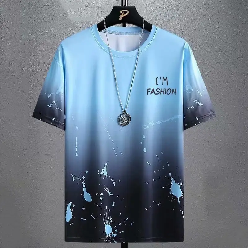 Men's Blue Gradient Ice Silk T-Shirt Summer Casual - Image 4