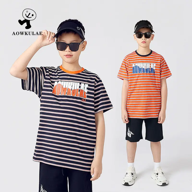Kids Striped Short Sleeve T-Shirt Orange White - Image 3