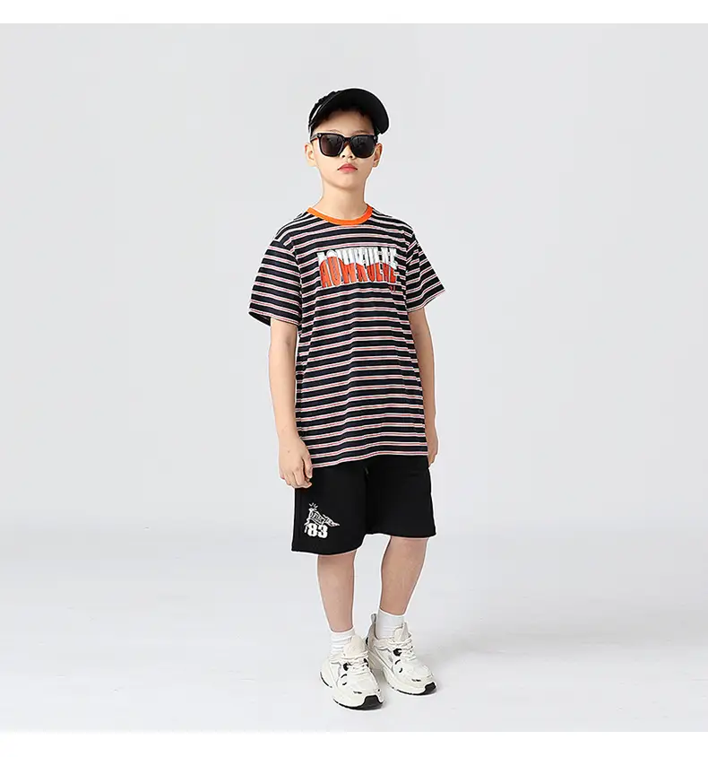 Kids Striped Short Sleeve T-Shirt Orange White — feature 38