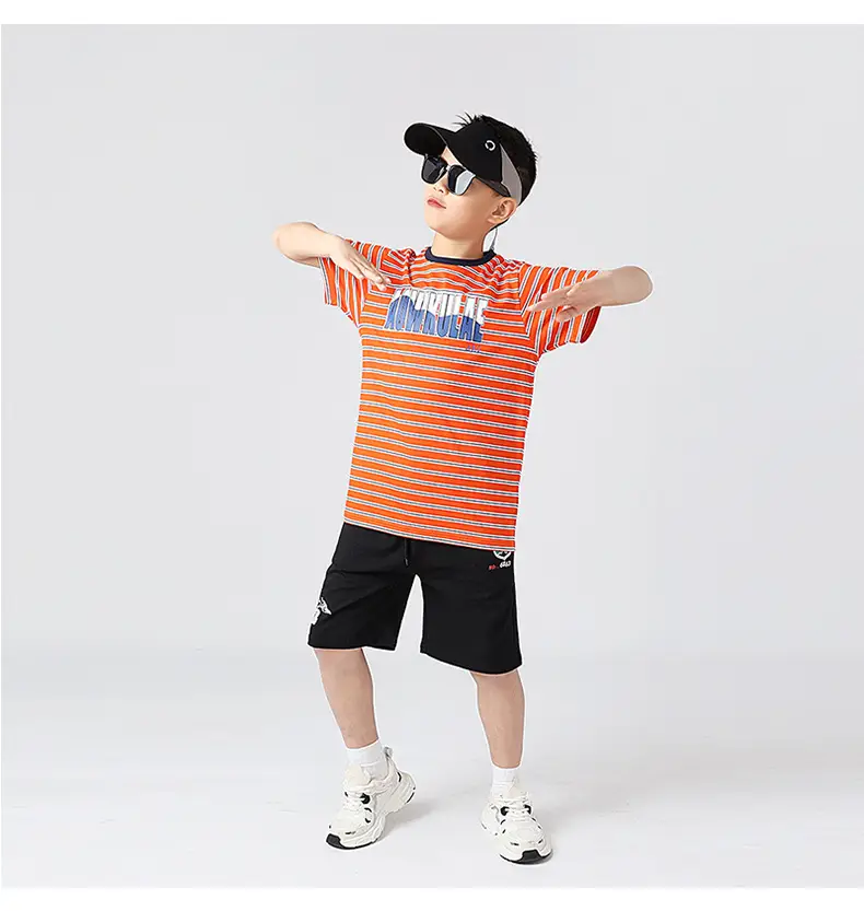 Kids Striped Short Sleeve T-Shirt Orange White — feature 41
