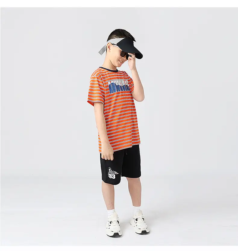 Kids Striped Short Sleeve T-Shirt Orange White — feature 42