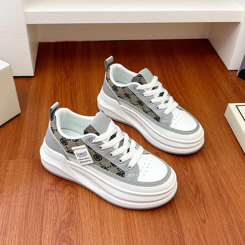 Women Grey Croc Lace Sneakers Thick White Sole - Image 4