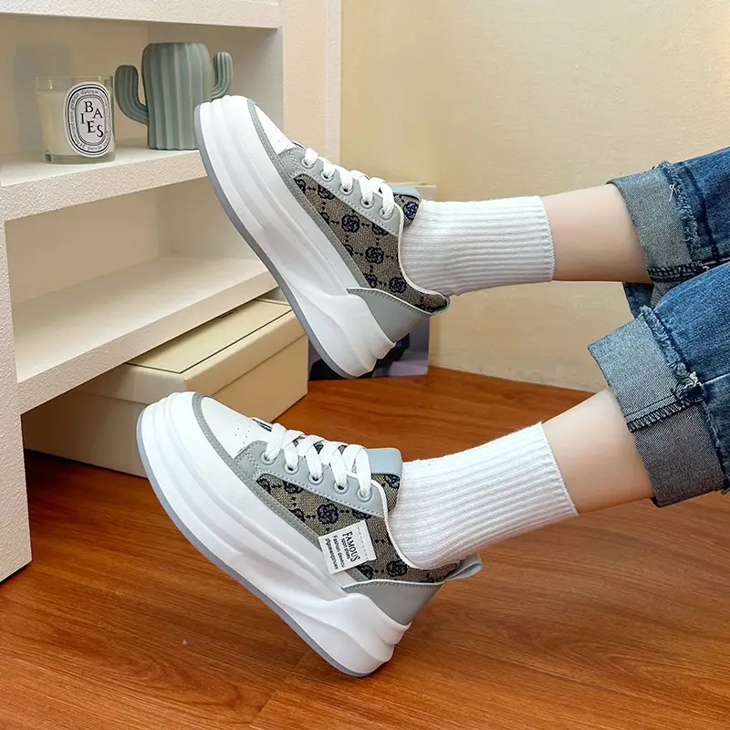 Women Grey Croc Lace Sneakers Thick White Sole - Image 6