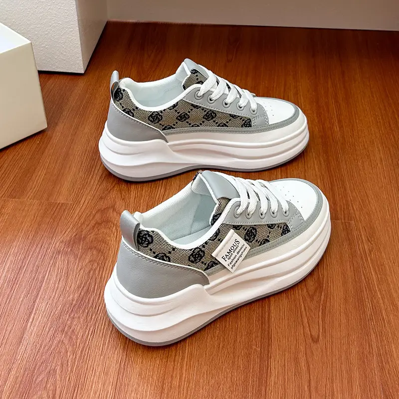 Women Grey Croc Lace Sneakers Thick White Sole - Image 2