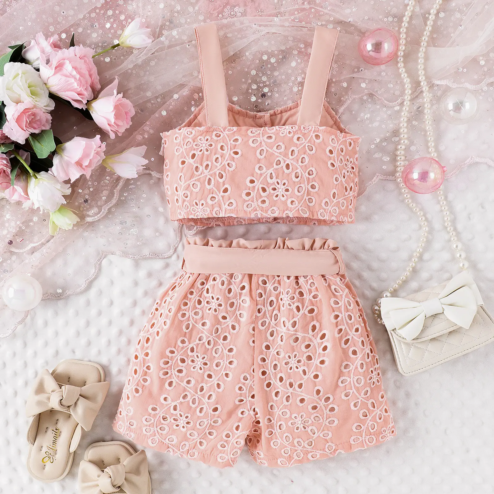 Baoxi Girls Lace Top & Hollow Shorts Set Pink - Image 6