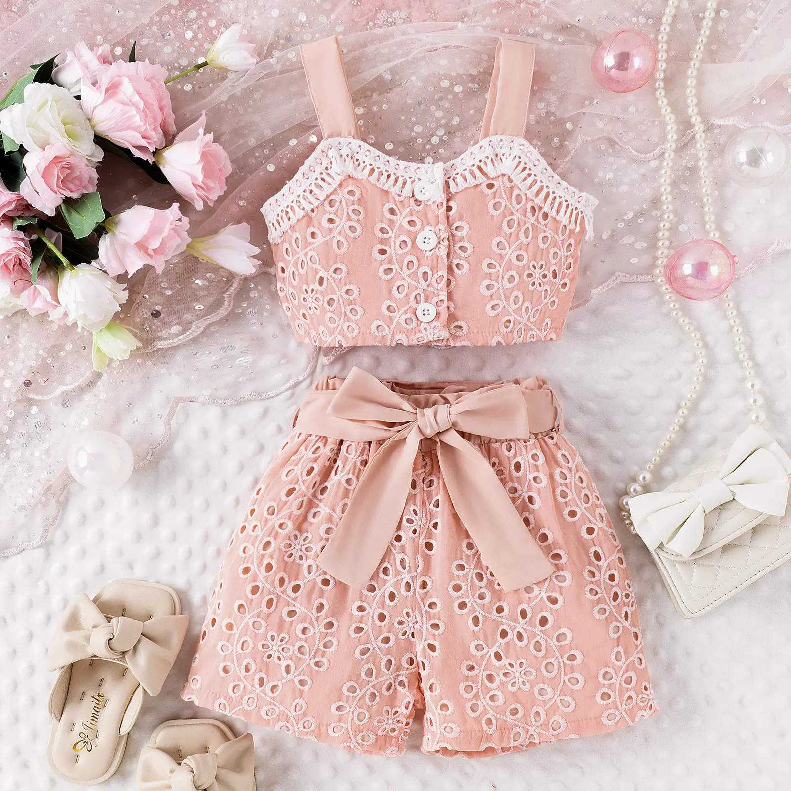 Baoxi Girls Lace Top & Hollow Shorts Set Pink — feature 1