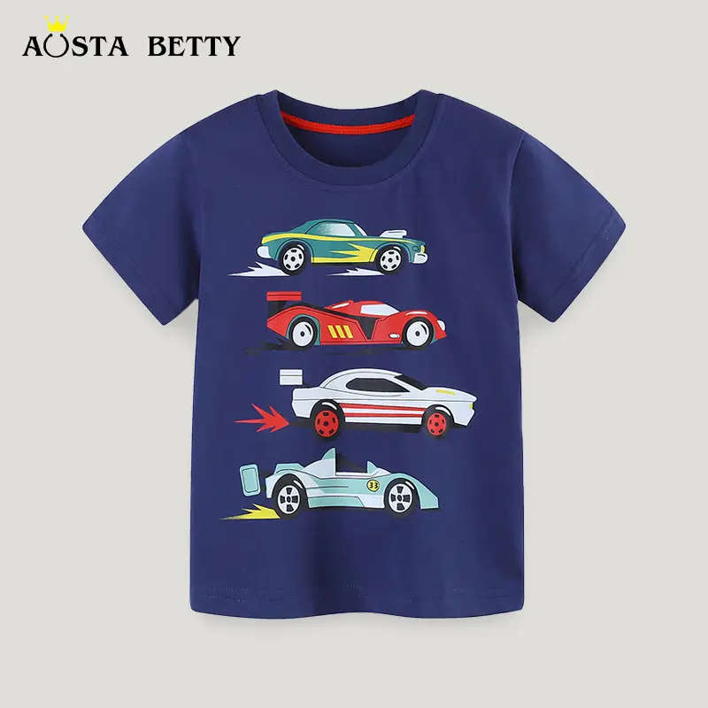2025 Boys Cartoon Car T-Shirt Blue Round Neck Short Sleeve