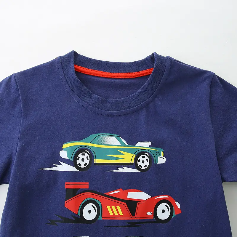 2025 Boys Cartoon Car T-Shirt Blue Round Neck Short Sleeve