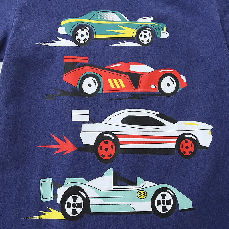 2025 Boys Cartoon Car T-Shirt Blue Round Neck Short Sleeve