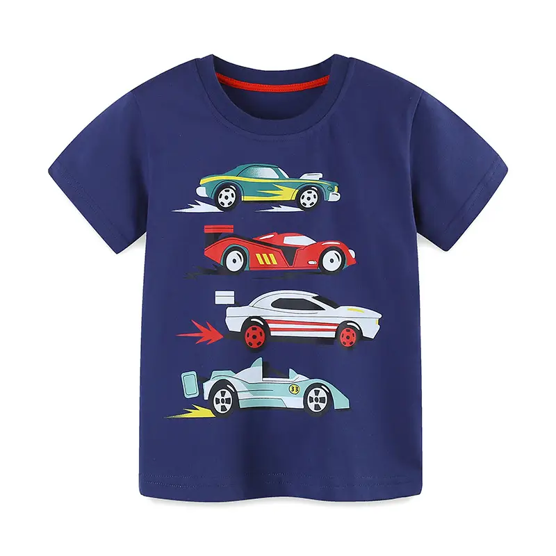 2025 Boys Cartoon Car T-Shirt Blue Round Neck Short Sleeve
