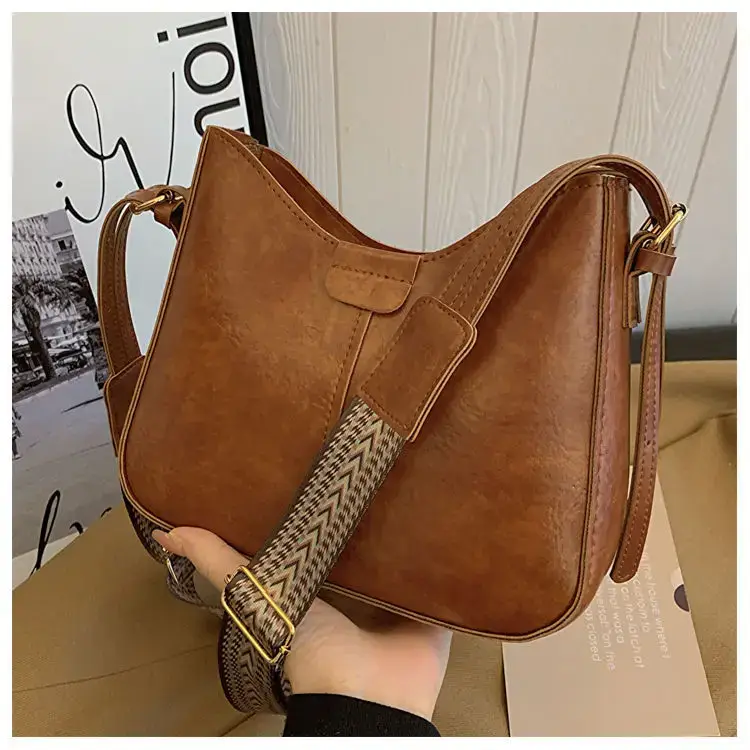 Retro Brown Leather Shoulder Bag with Wide Strap — feature 33