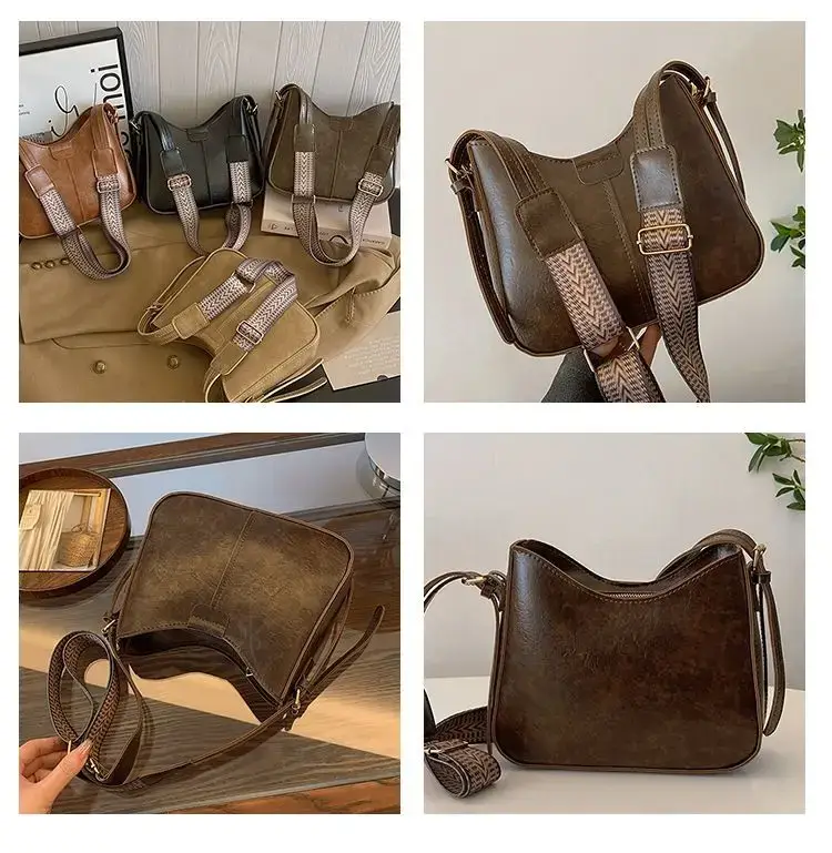 Retro Brown Leather Shoulder Bag with Wide Strap — feature 4