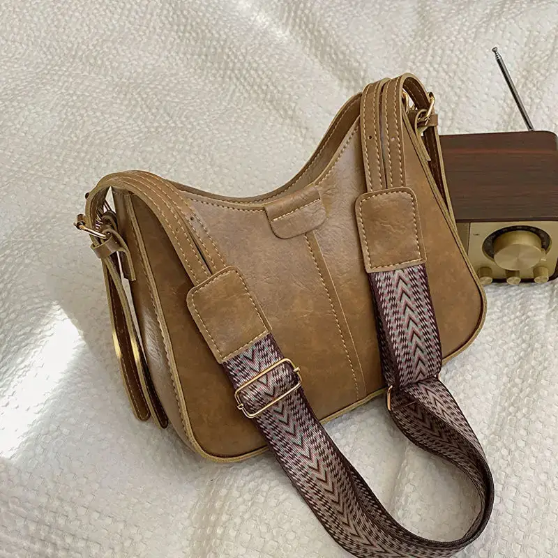 Retro Brown Leather Shoulder Bag with Wide Strap - Image 2