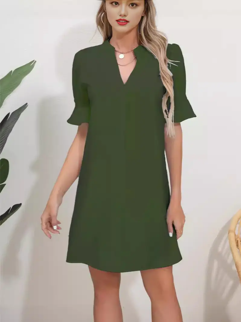 Black V-Neck Loose Pleated Dress for Women