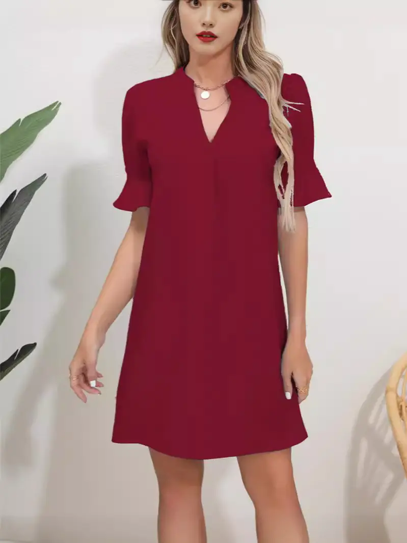 Black V-Neck Loose Pleated Dress for Women