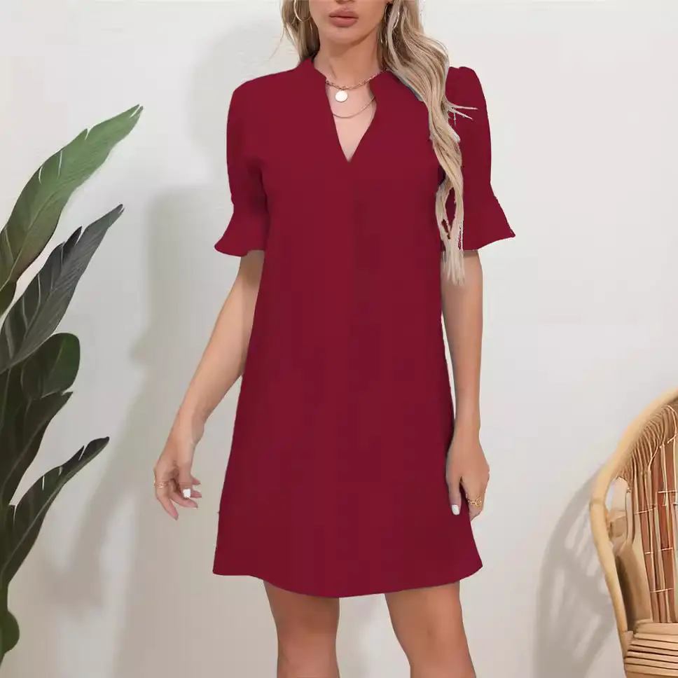 Black V-Neck Loose Pleated Dress for Women