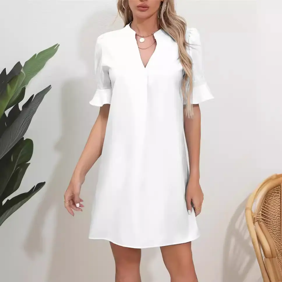 Black V-Neck Loose Pleated Dress for Women