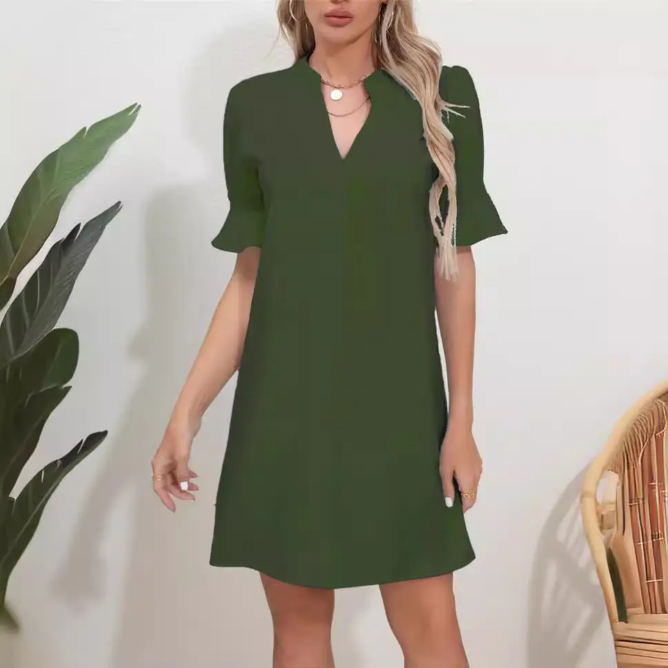 Black V-Neck Loose Pleated Dress for Women
