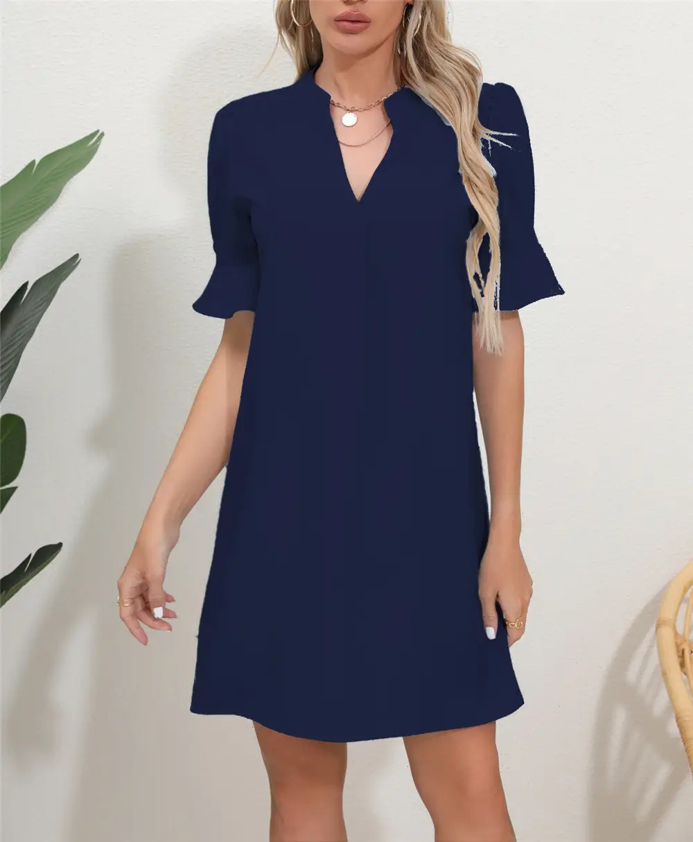 Black V-Neck Loose Pleated Dress for Women