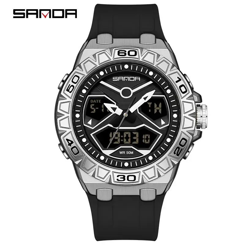 Sanda Waterproof Luminous Men's Chronograph Watch with Blue Silicone Strap - Image 3