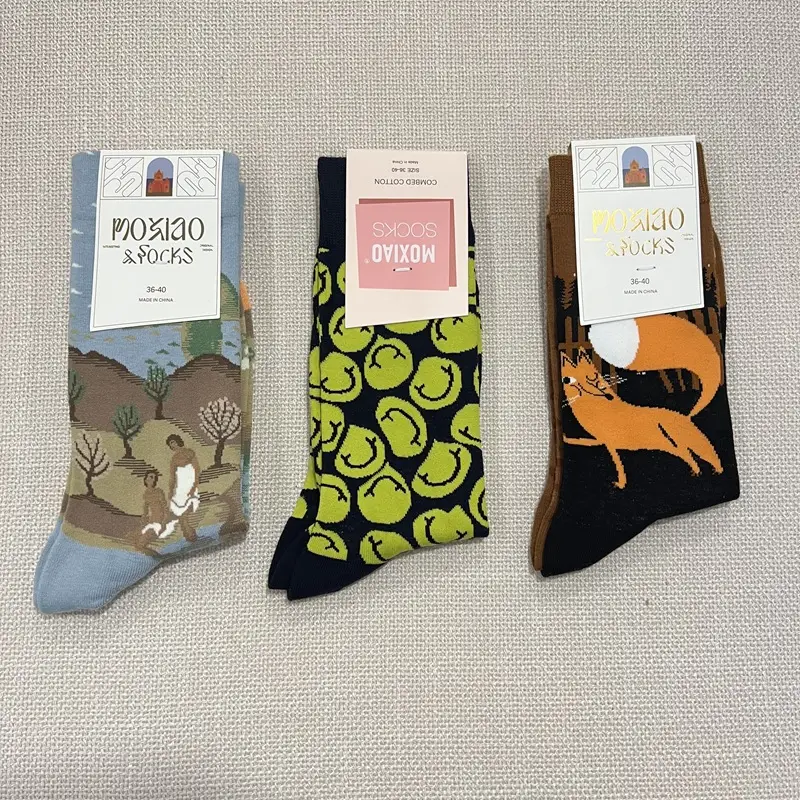 Fun Oil Painting Socks Women's Mid-length Socks ins Trendy Socks Men's Outer Wear Versatile Colorfulful Retro Literary Calf Cotton Socks