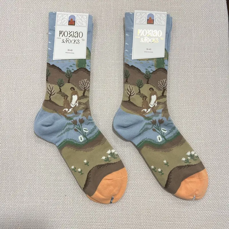 Fun Oil Painting Socks Women's Mid-length Socks ins Trendy Socks Men's Outer Wear Versatile Colorfulful Retro Literary Calf Cotton Socks