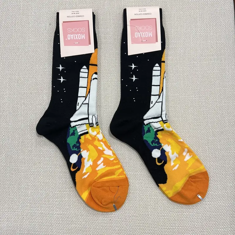 Fun Oil Painting Socks Women's Mid-length Socks ins Trendy Socks Men's Outer Wear Versatile Colorfulful Retro Literary Calf Cotton Socks
