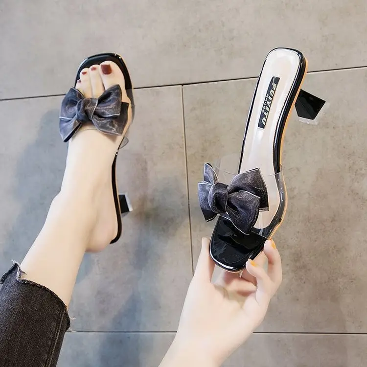 Fashionable outdoor sandals Women's Mid Heel transparent flip-flops 2024 Summer new fashion bow all-match high heels - Image 6