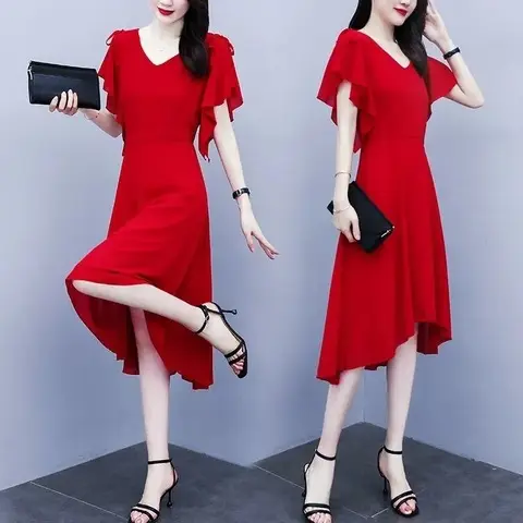 Red Korean Style Mid-Length Irregular Dress for Women - Image 3