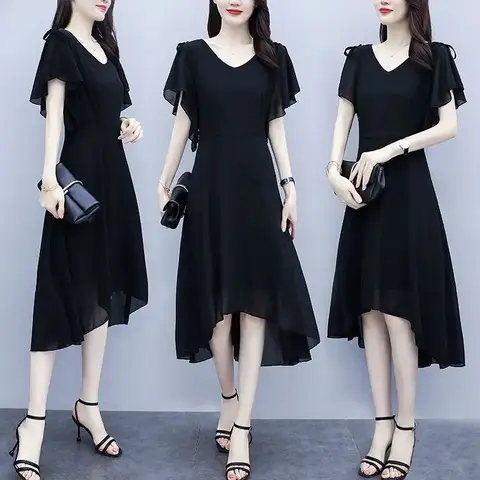 Red Korean Style Mid-Length Irregular Dress for Women - Image 4