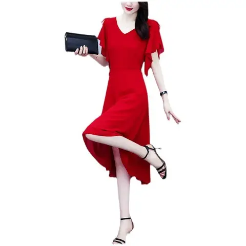 Red Korean Style Mid-Length Irregular Dress for Women - Image 7