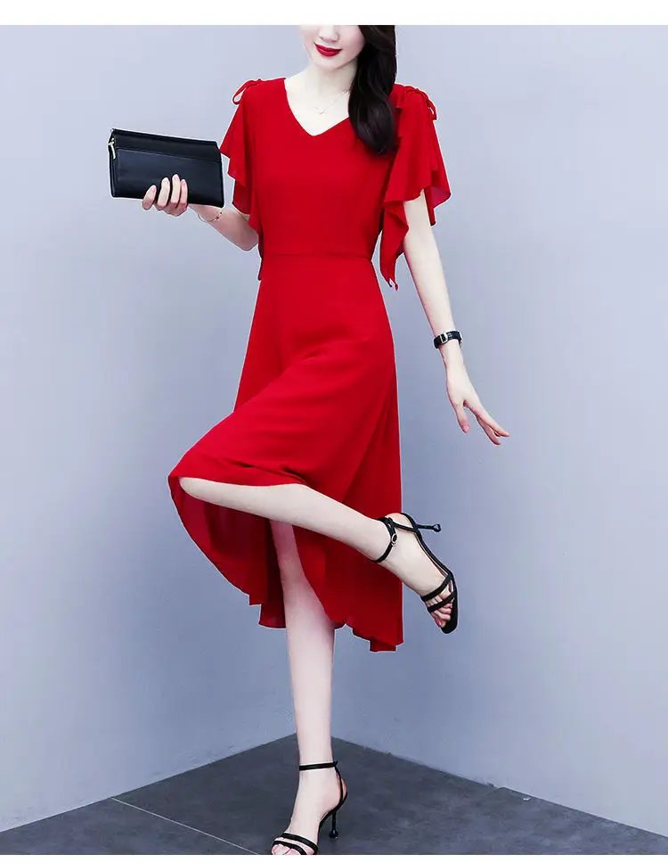 Red Korean Style Mid-Length Irregular Dress for Women — feature 10