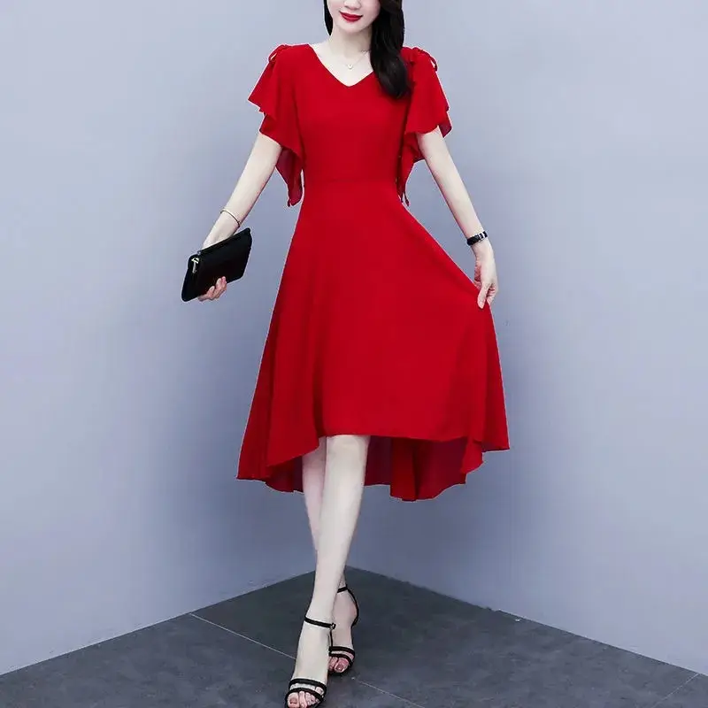 Red Korean Style Mid-Length Irregular Dress for Women — feature 2