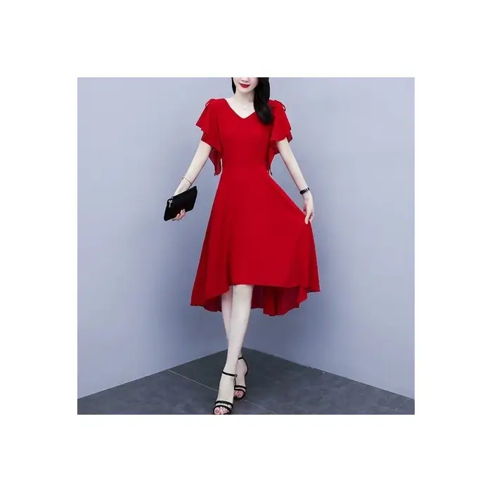 Red Korean Style Mid-Length Irregular Dress for Women - Image 2