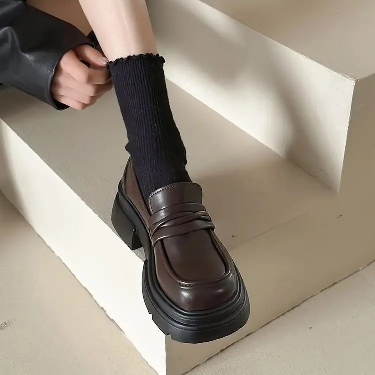 Black Chunky Heel Slip-On Loafers for Women - Image 3