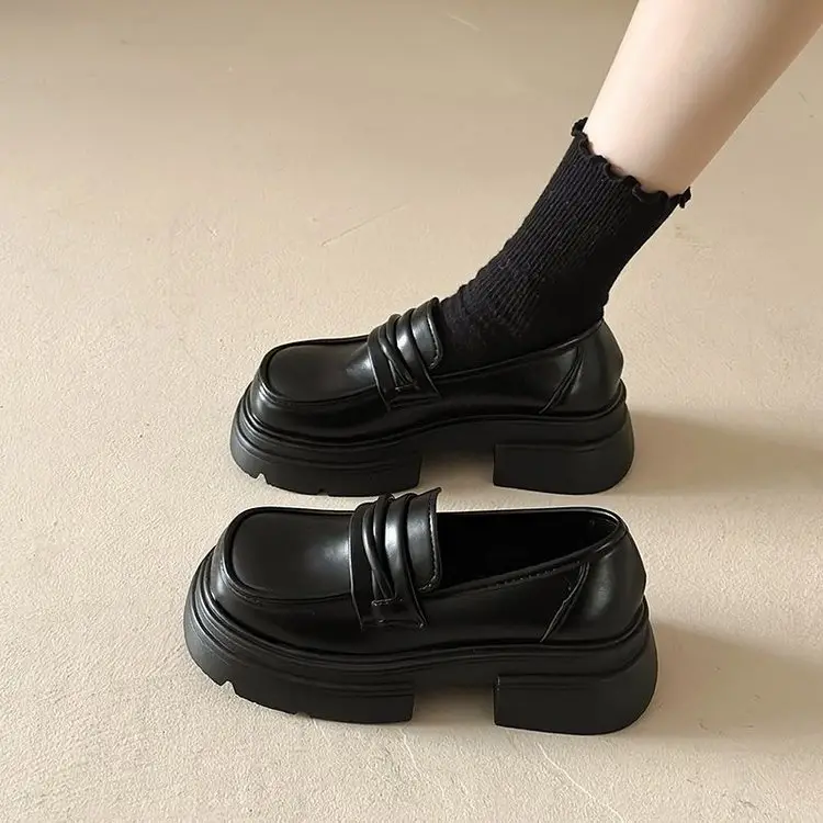 Black Chunky Heel Slip-On Loafers for Women - Image 5