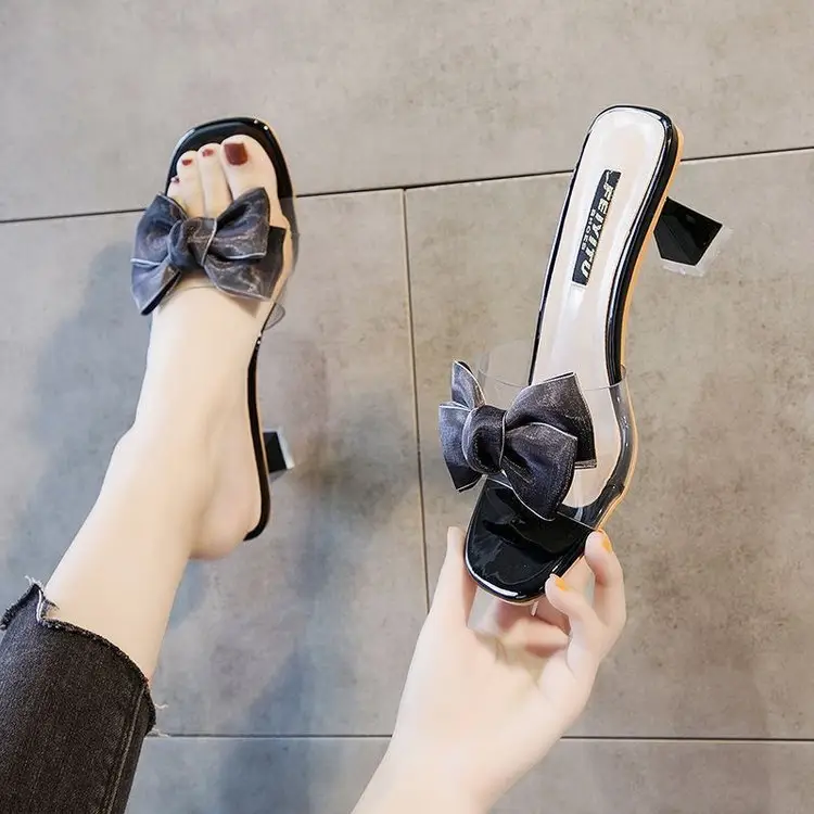 Women Transparent Bow Mid Heel Sandals 2024 - Image 6