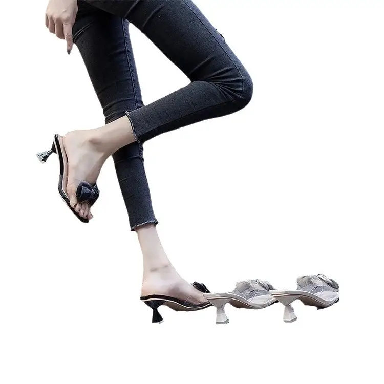 Women Transparent Bow Mid Heel Sandals 2024 - Image 7