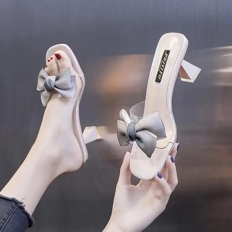 Women Transparent Bow Mid Heel Sandals 2024 — feature 1