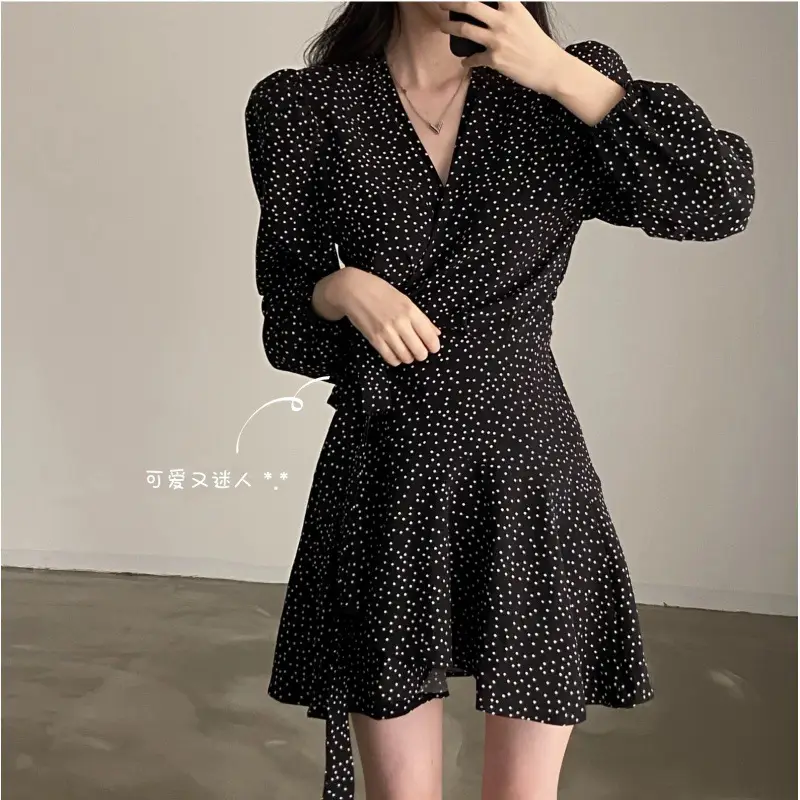 French Style Black Dot V-Neck Long Sleeve Dress Women