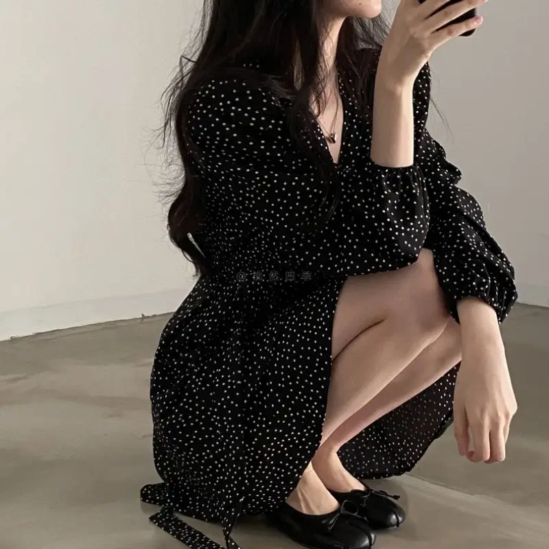French Style Black Dot V-Neck Long Sleeve Dress Women